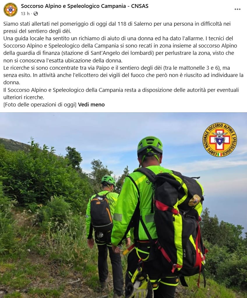 Donna dispersa sul sentiero degli Dei.