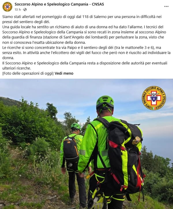 Donna dispersa sul sentiero degli Dei.
